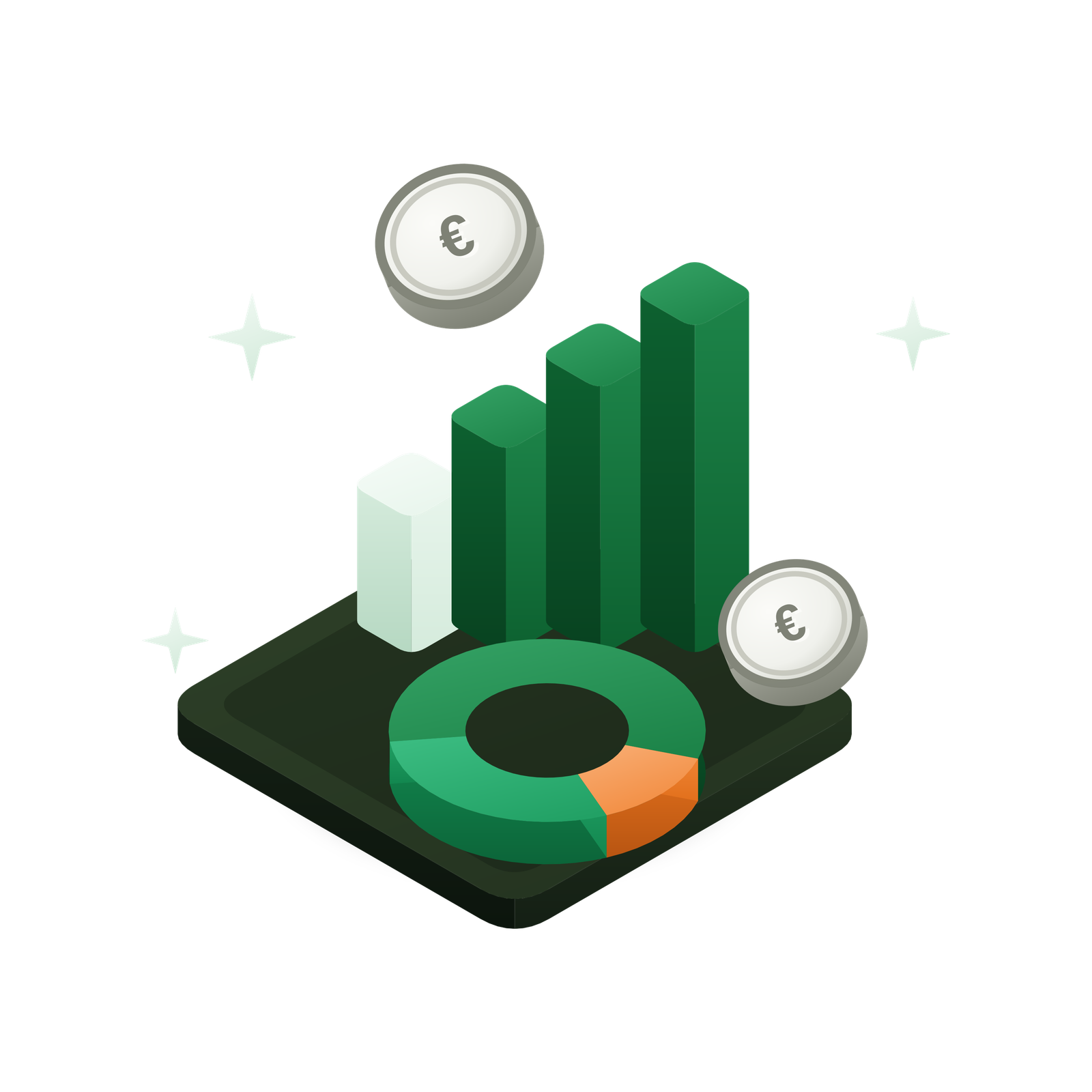 Isometric 3D illustration: a rising bar chart and a ring chart with nickel-silver “€” coins on a shamrock-green slab